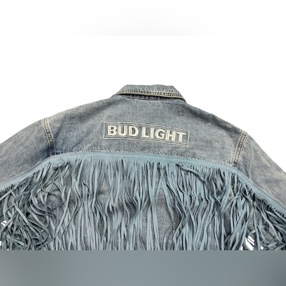 Vintage Bud Light Denim Fringe Jacket size large - Picture 1 of 8